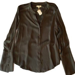 Liberty Garden Silk Blouse Top Faux Suede Shoulder Large NWT